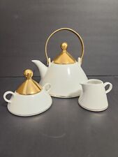 Vtg Arabia Finland HARLEKIN GOLD Porcelain Teapot, Creamer & Lidded Sugar Bowl picture