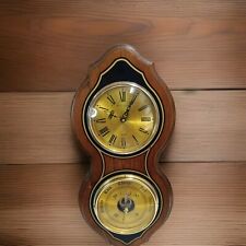 Vintage Bulova Barometer Wall Clock Wooden Frame Brown Gold Tone Display England picture