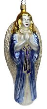 Vintage INGE-GLAS Germany Blue Praying Angel Motif Glass Christmas Ornament picture