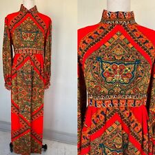 Auth. VTG 60's Orange Paisley Kaftan Tunic Dress Gold Mica Accent Mod Hippie M L picture