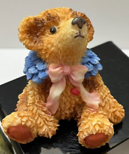 Teddy Bear Bow Stone Resin Figurine Bright Colors Blue Collar Brown Vintage CUTE picture
