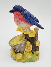 Vintage Resin Blue Bird on Branch Figurine With Yellow Flowers and Eggs Nest picture