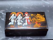 VTG Asian Lacqured Wood Jewelry Box w/Mirrow Interior & Mother of Pearl Inlay picture