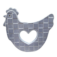 Vintage Treasure Craft Country Blue Checked Ceramic Chicken Trivet Hot Plate picture