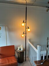 MID CENTURY MODERN VNTG TENSION ROD POLE LAMP 3 AMBER GLASS BRASS & WOOD picture