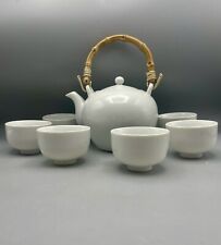 Vintage Japanese Tea Set Teapot Bamboo Handle 6 Cups White Porcelain picture