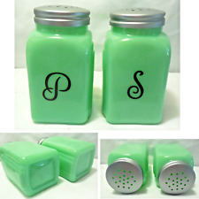 NEW Jadeite Green Glass Arch Salt & Pepper Shaker Set Black Script Initials 4