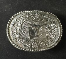 Western Brass Belt Buckle Longhorn With Flowers Really Good Condition. picture