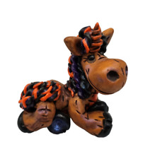 Custom OOAK Clay Unicorn Figurine Signed Whimsical Brown Orange Purple Laying picture