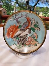 Vintage Decorative Chinese Plate Encased in Brass Floral Bird Chinoiserie 1960's picture