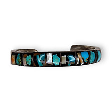 Vintage Native American Sterling Silver Turquoise Shell Inlay Cuff Bracelet picture