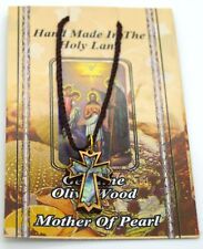 Olive wood Jerusalem cross pendant with MOP hand made with certificate Holy Land picture