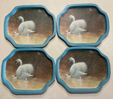 Vintage Tranquility Swan Motif Tin Snack Trays Set 4 1980s picture