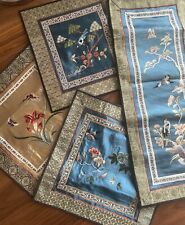 4 VTG Chinese Silk Hand Embroidered Panels Exquisite Framable Art Blue Gold picture