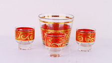 Vtg Mid Century Culver Glasses Red 22 kt Ice Bucket w/ 3 Cocktail Rocks Glasses picture