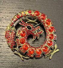 Dragon Brooch Pin Pendant Red Rhinestone Circle Gold Tone Large Statement 2.5” picture