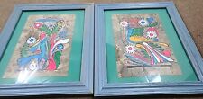 2 Vintage Mexican Folk Art Hand Painted Amate Bark Painting Birds Flowers Framed picture