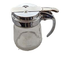 Vintage Small Glass Syrup Pitcher Sugar Dispenser Dripcut Metal Lid Diner Style picture