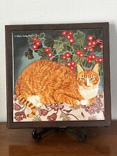 Vintage Avon Cat Ceramic Tile With Wooden Base Trivet Hanging Decor Kitty Boho  picture