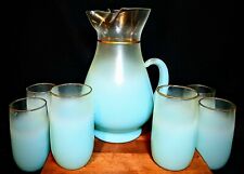 VTG West Virginia Glass MCM Blendo Blue Ombre Frosted Glass Pitcher & 6 Glasses picture