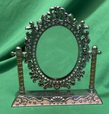 VTG Ornate Cast Iron Small Oval Tilt Mirror On Stand- 8.5” X 8.5” picture