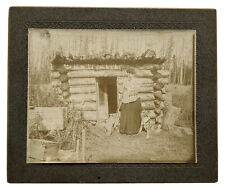 Original Antique Photo Woman and Dog Adirondack Log Cabin Wood Shed circa 1900 picture