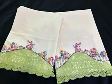 Vintage Southern Belle Pillowcase Pair  Hand Embroidered Crocheted Green Skirt picture