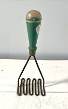 Vintage Antique Potato Masher Wood Green White Strip Painted Handle 9.5” tall picture