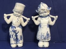 Vtg Blue & White 6”Dutch Girl Water Carrier With Milk Boy Made in Japan Figurine picture