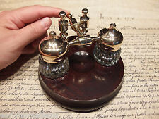 Vintage Antique Style Gold Brass Hardwood w 2 Clear Glass Inkwell bottles pots   picture