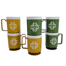 Vintage set of 6 Chalet Footed Double Sided Plastic Coffee Mugs Cup Green Orange picture