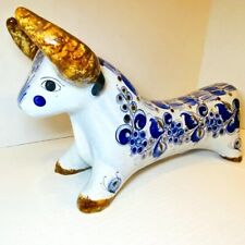 Large Ceramic Bull Statue Figurine Horns Blue White Mexico Floral Designs picture