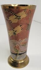 Vintage MCM Dragonfly Lotus Flower Hand Painted Solid Brass Vase Cup  picture