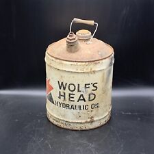 Wolf's Head Hydraulic Motor Oil 5 Gallon Screw Top Metal Can Gas Filling Station picture