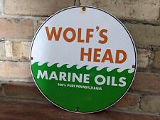 VINTAGE 1962 WOLF'S HEAD MARINE OILS PORCELAIN GAS STATION SIGN 12