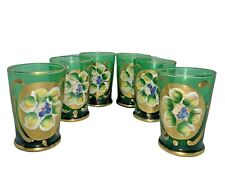 Vintage Bohemian Shot Glasses Green Hand Painted Enamel Floral Made Italy Set 6 picture
