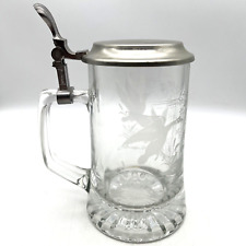 Vintage Etched Crystal Glass Beer Stein ALWE Italy Pewter West Germany Geese picture