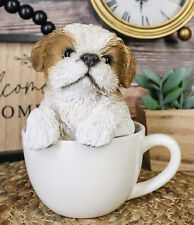 Realistic Adorable Shih Tzu Dog in Teacup Statue 5.75