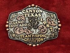 CHAMPION RODEO TROPHY BELT BUCKLE PRO TEAM ROPER☆CANYON TEXAS☆1987☆VINTAGE☆800 picture
