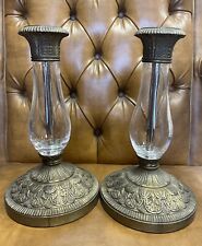 Pair of Antique French Hurricane Glass And Brass Candlesticks Holder picture
