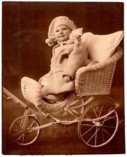 BABY IN 3-WHEELED WICKER STROLLER WINTER COAT 1920's ERA  ANTIQUE PHOTOGRAPH picture