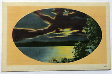 Night Moonlight Lake View Mountain Landscape With Yellow Oval Border Postcard picture