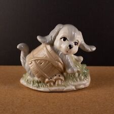 Happy Cute Puppy Dog in Barrel Glazed Ceramic Figurine Kitsch picture