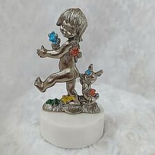 Vintage MCM Pewter Child & Rabbit Marble Base Figurine Office Paperweight picture