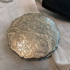 Vtg.Stratton England Pat.Silver Tone Metal Powder Mirror Compact Embossed Leaves picture