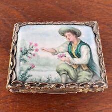 835 SILVER PILL / SNUFF BOX HAND PAINTED WOMAN GATHERING FLOWERS NO MONOGRAM picture