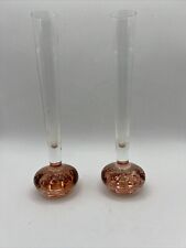 2 Vintage Elegant Clear Bud Vase with Pink Hand Blown Bubble Base 8.25” picture
