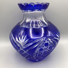 Vintage Cobalt Blue Cut To Clear Glass Vase Czech Bohemian 8” Scalloped Edge picture