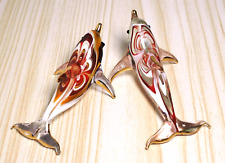2 pcs. Dolphin figurine maroon hand blown glass art gold trim 2.75 in decor Gift picture