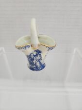 Antique Fine Porcelain Miniature Basket Vase Blue Courting Couple Gold Trim picture